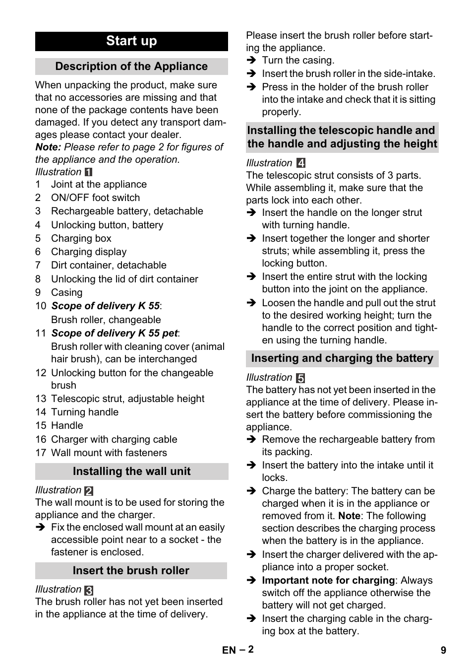 Start up | Karcher K 55 Pet Plus User Manual | Page 9 / 136