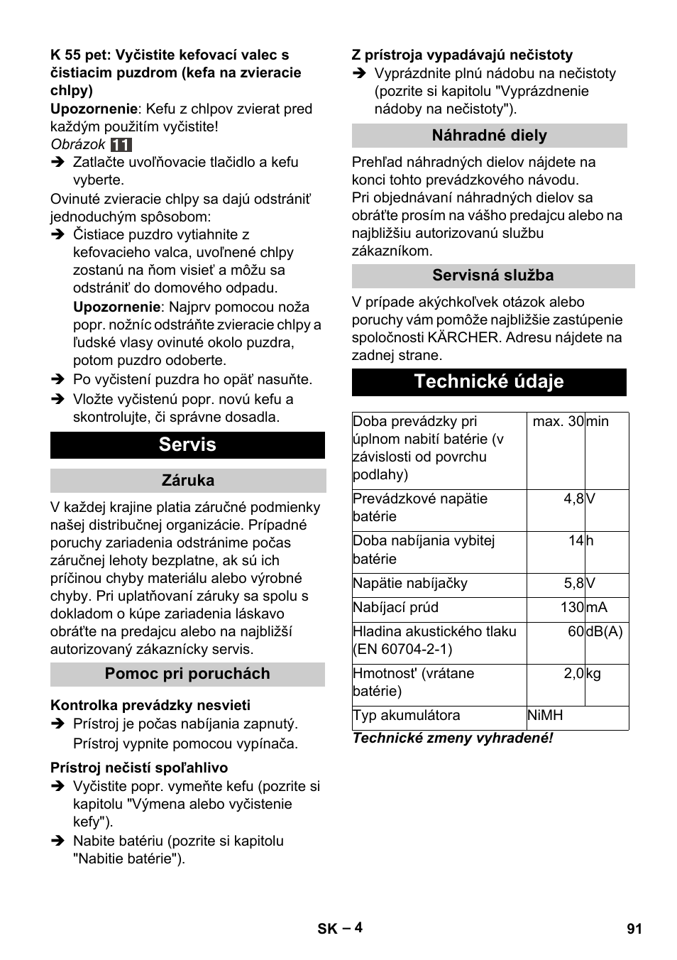 Servis, Technické údaje | Karcher K 55 Pet Plus User Manual | Page 91 / 136