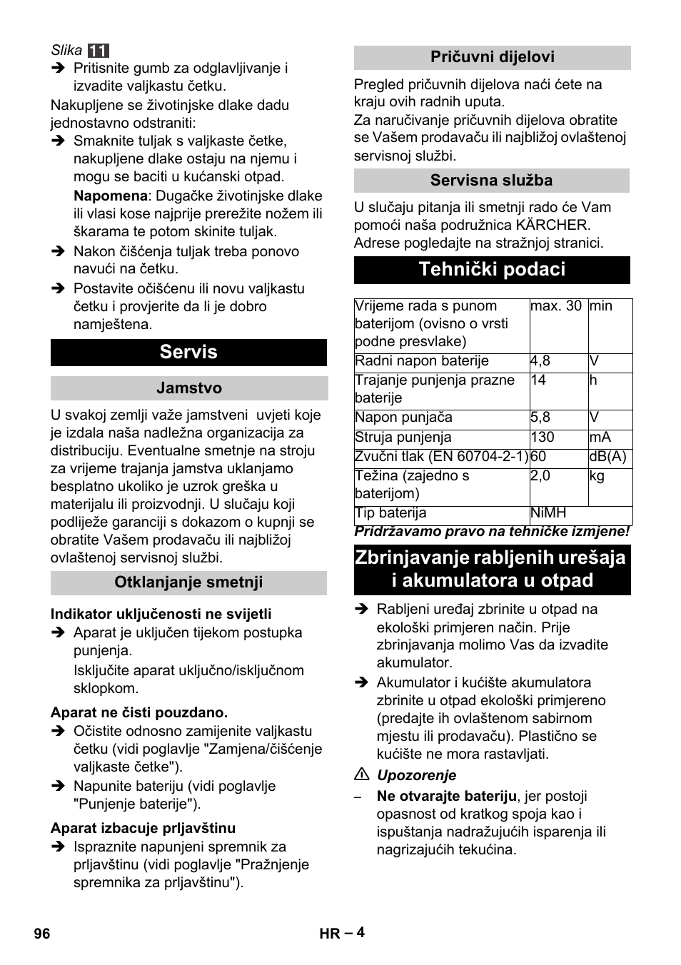 Servis, Tehnički podaci | Karcher K 55 Pet Plus User Manual | Page 96 / 136