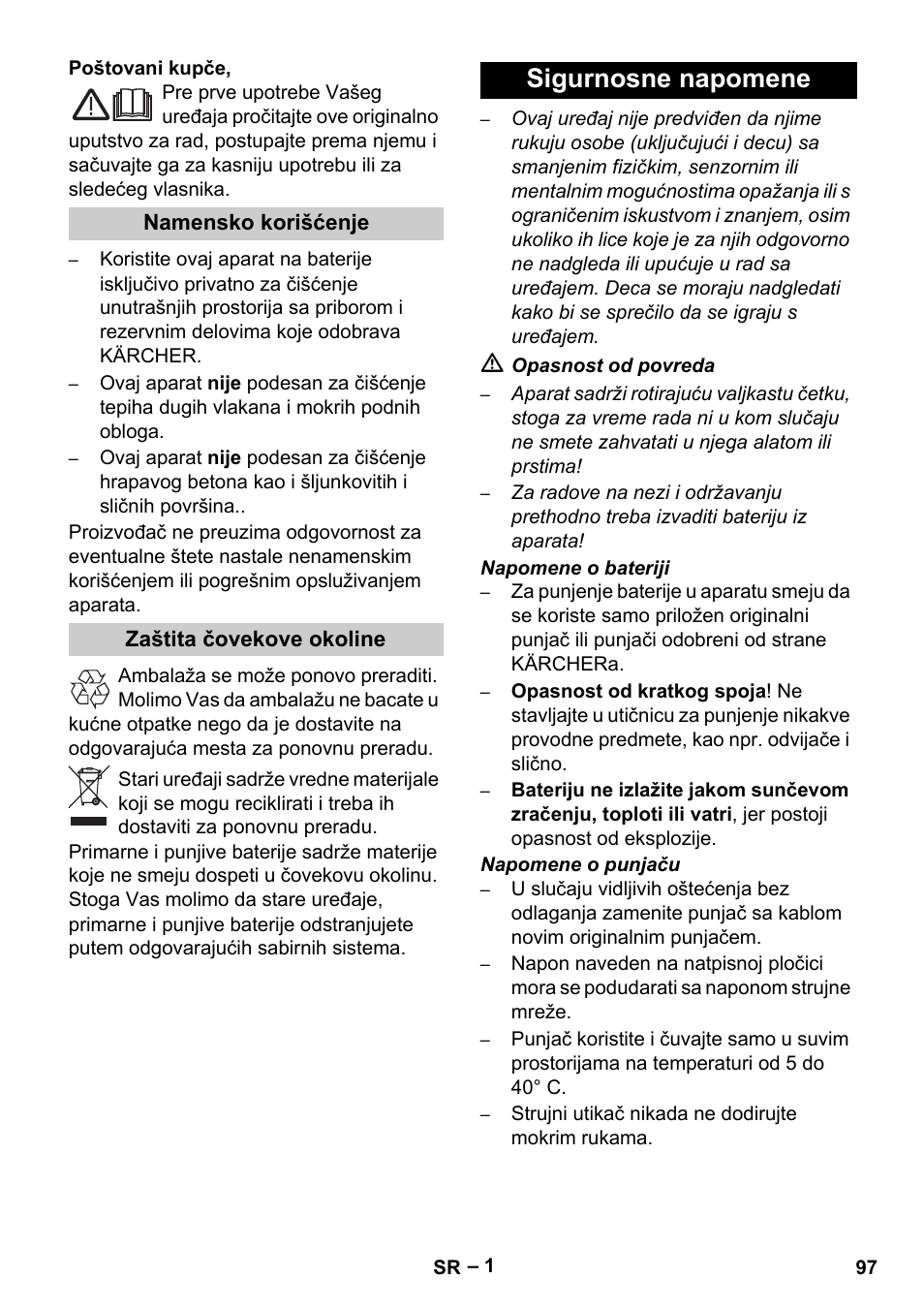 Srpski, Sigurnosne napomene | Karcher K 55 Pet Plus User Manual | Page 97 / 136