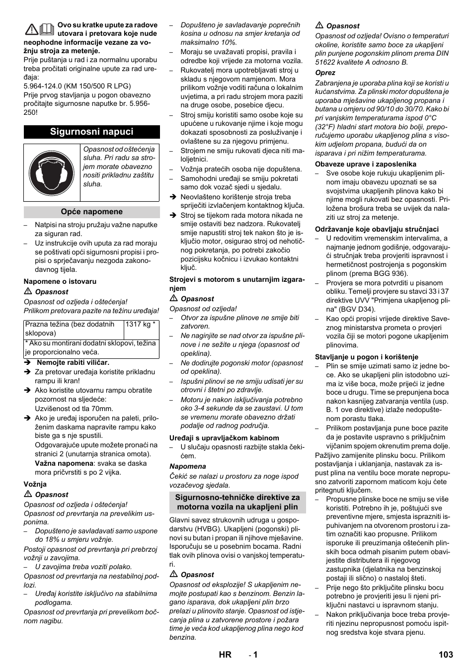 Hrvatski, Sigurnosni napuci | Karcher KM 150-500 LPG User Manual | Page 103 / 148