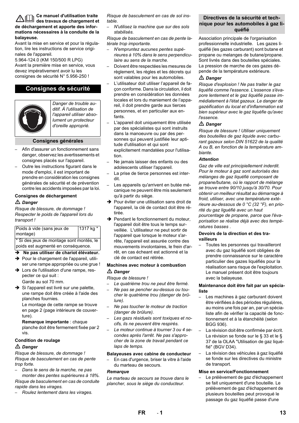 Français, Consignes de sécurité | Karcher KM 150-500 LPG User Manual | Page 13 / 148