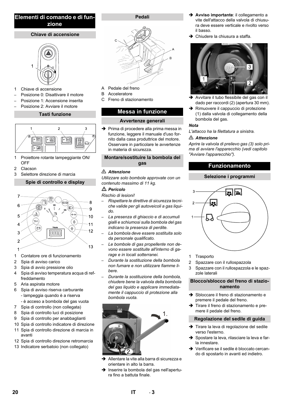 Elementi di comando e di fun- zione, Messa in funzione, Funzionamento | Karcher KM 150-500 LPG User Manual | Page 20 / 148