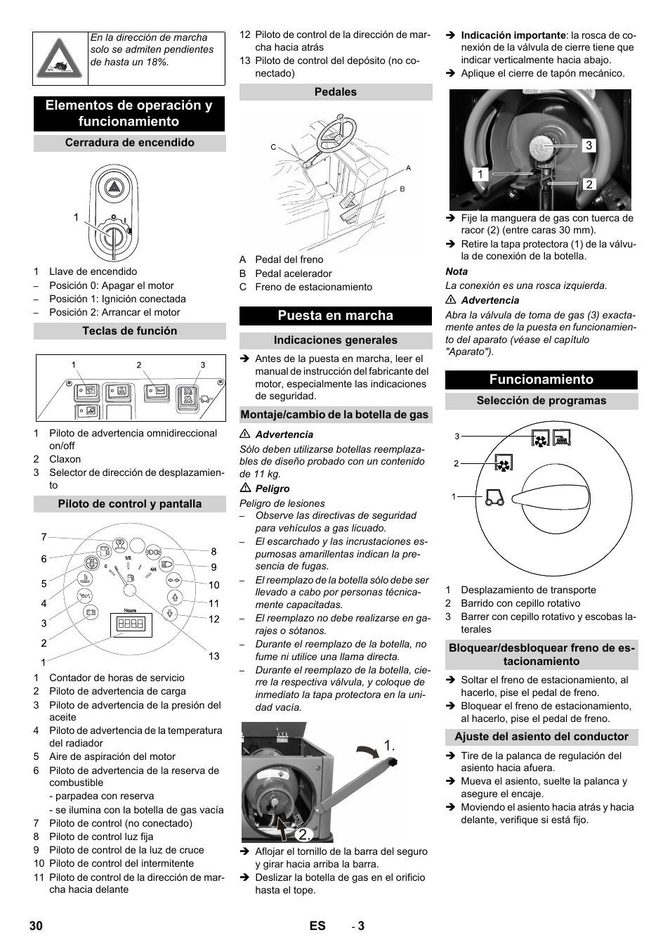 Elementos de operación y funcionamiento, Puesta en marcha, Funcionamiento | Karcher KM 150-500 LPG User Manual | Page 30 / 148