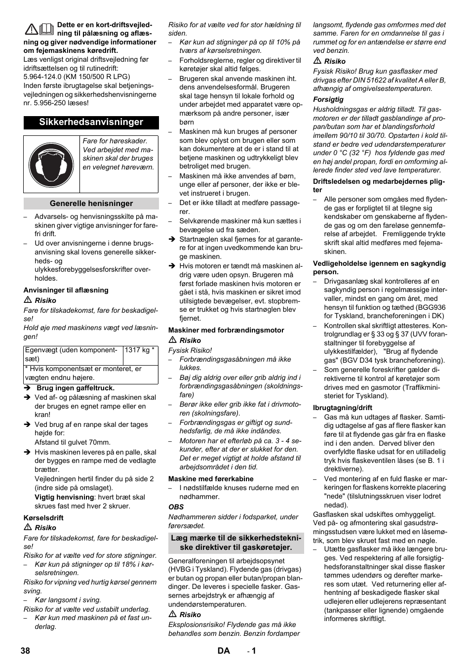 Dansk, Sikkerhedsanvisninger | Karcher KM 150-500 LPG User Manual | Page 38 / 148