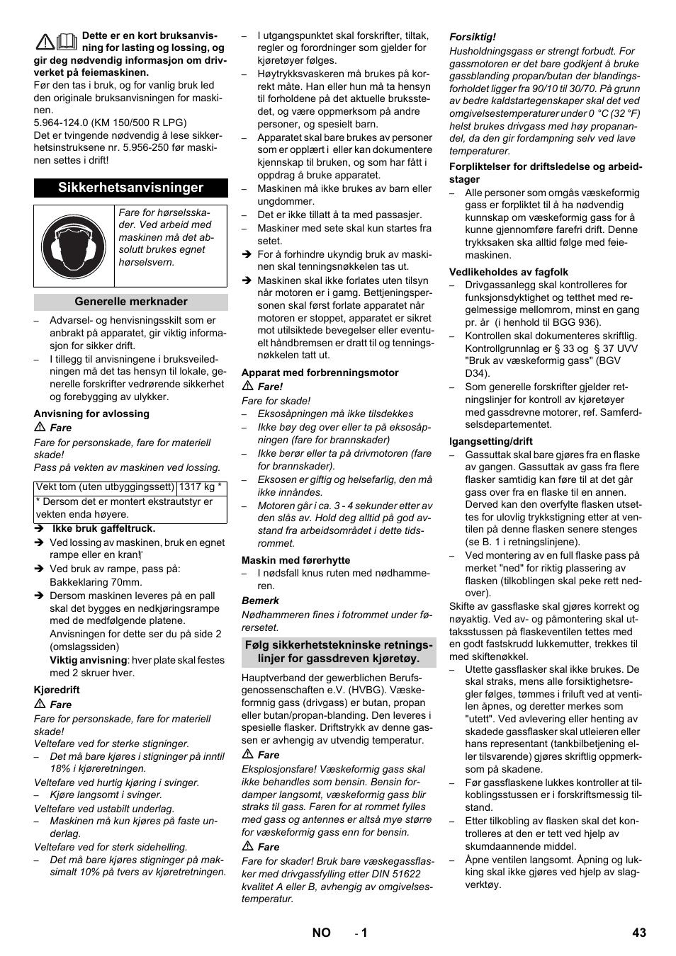 Norsk, Sikkerhetsanvisninger | Karcher KM 150-500 LPG User Manual | Page 43 / 148