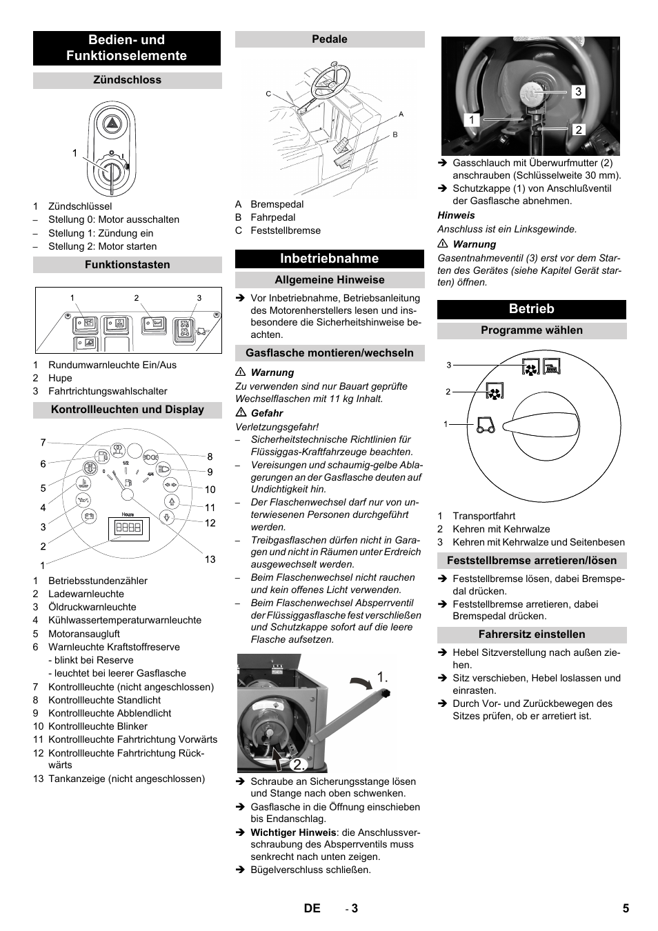Bedien- und funktionselemente, Inbetriebnahme, Betrieb | Karcher KM 150-500 LPG User Manual | Page 5 / 148