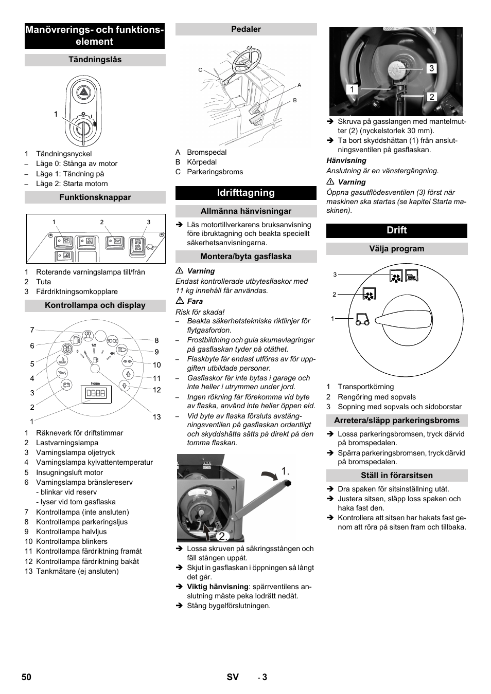 Manövrerings- och funktions- element, Idrifttagning, Drift | Karcher KM 150-500 LPG User Manual | Page 50 / 148