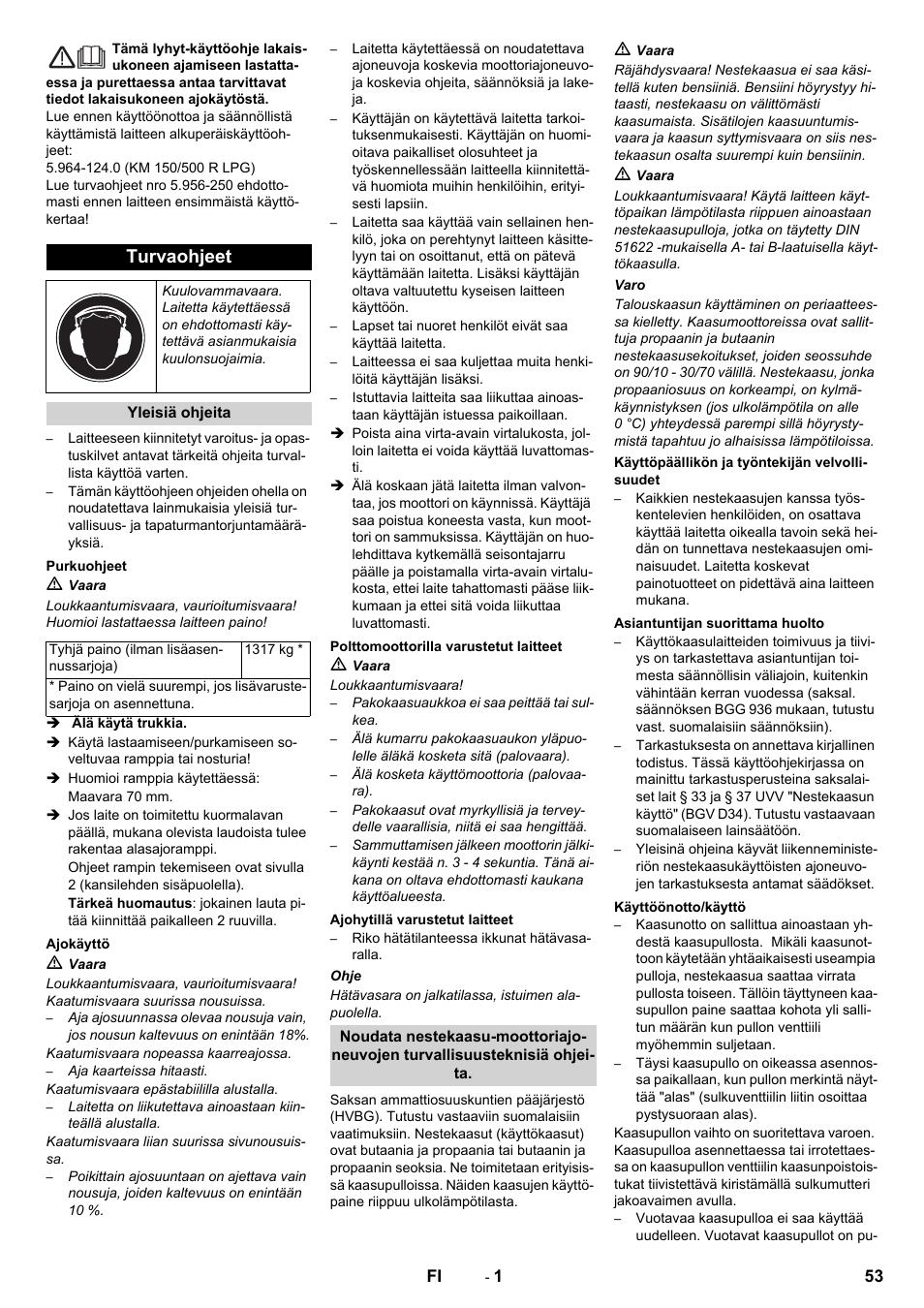 Suomi, Turvaohjeet | Karcher KM 150-500 LPG User Manual | Page 53 / 148