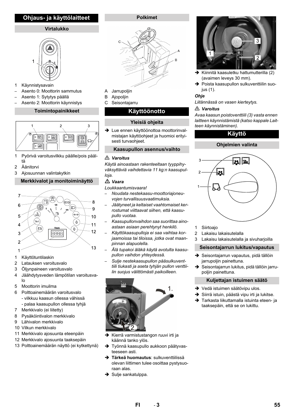 Ohjaus- ja käyttölaitteet, Käyttöönotto, Käyttö | Karcher KM 150-500 LPG User Manual | Page 55 / 148