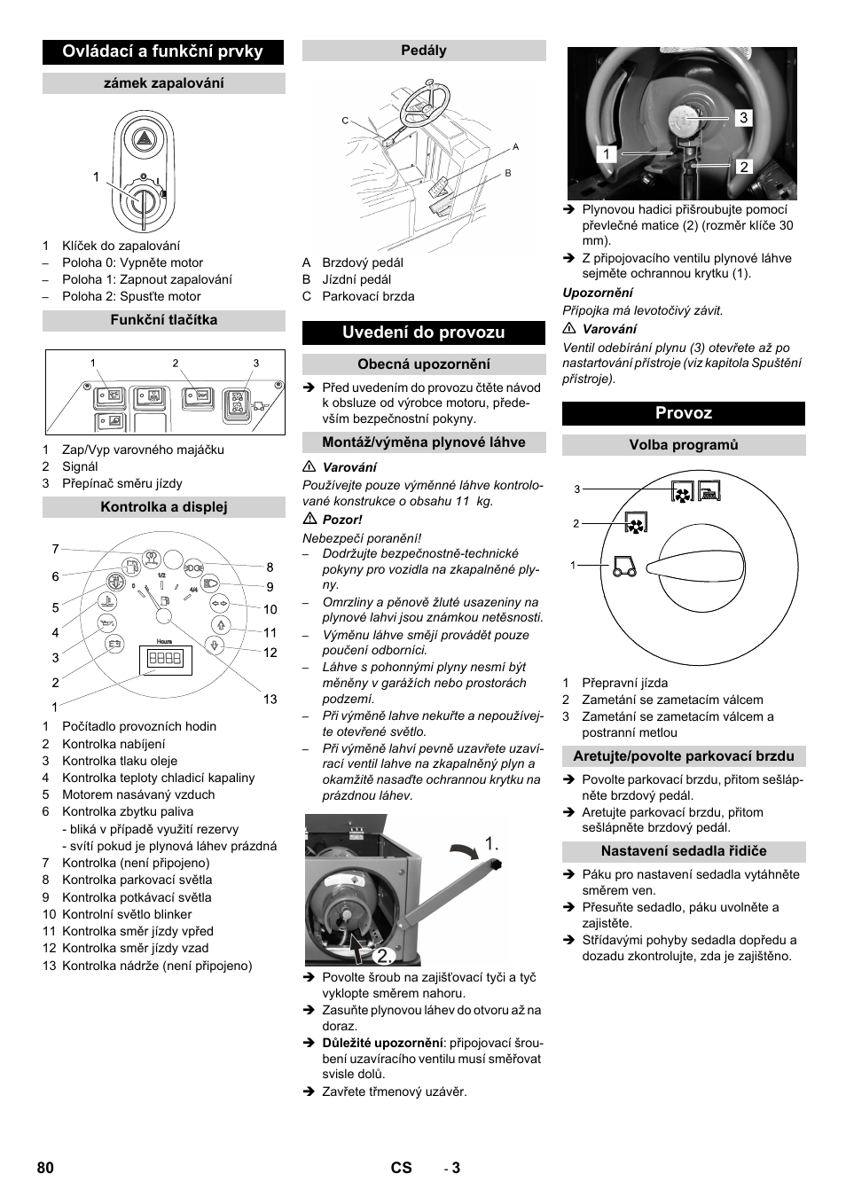 Ovládací a funkční prvky, Uvedení do provozu, Provoz | Karcher KM 150-500 LPG User Manual | Page 80 / 148
