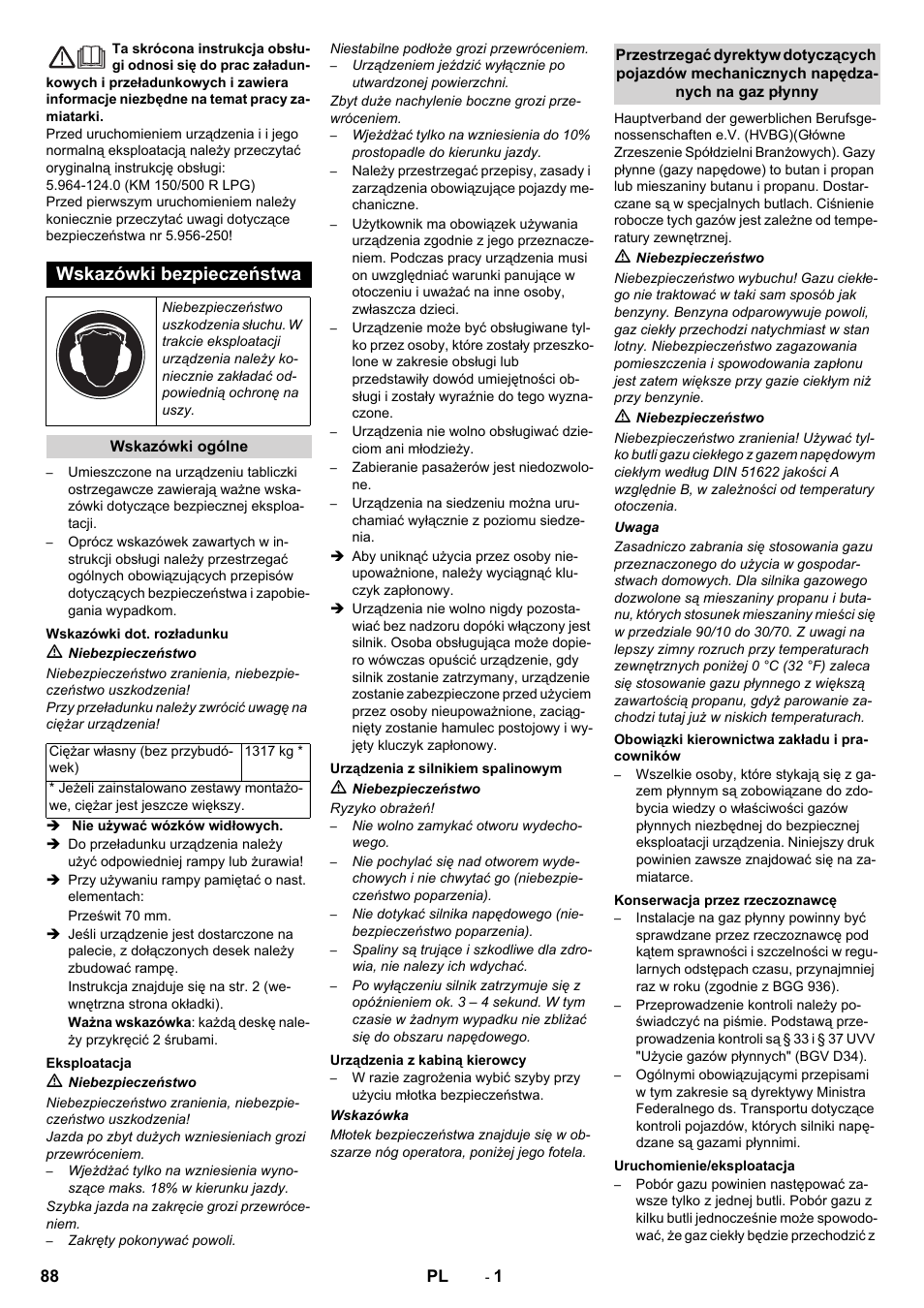 Polski, Wskazówki bezpieczeństwa | Karcher KM 150-500 LPG User Manual | Page 88 / 148