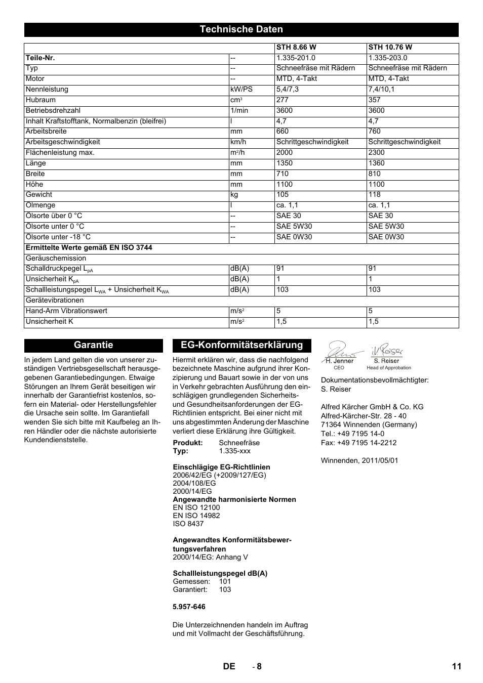 Technische daten, Garantie eg-konformitätserklärung | Karcher STH 10-76 W User Manual | Page 11 / 136