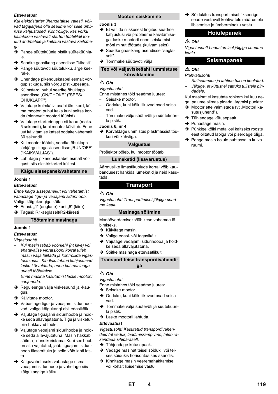 Transport, Hoiulepanek seismapanek | Karcher STH 10-76 W User Manual | Page 119 / 136