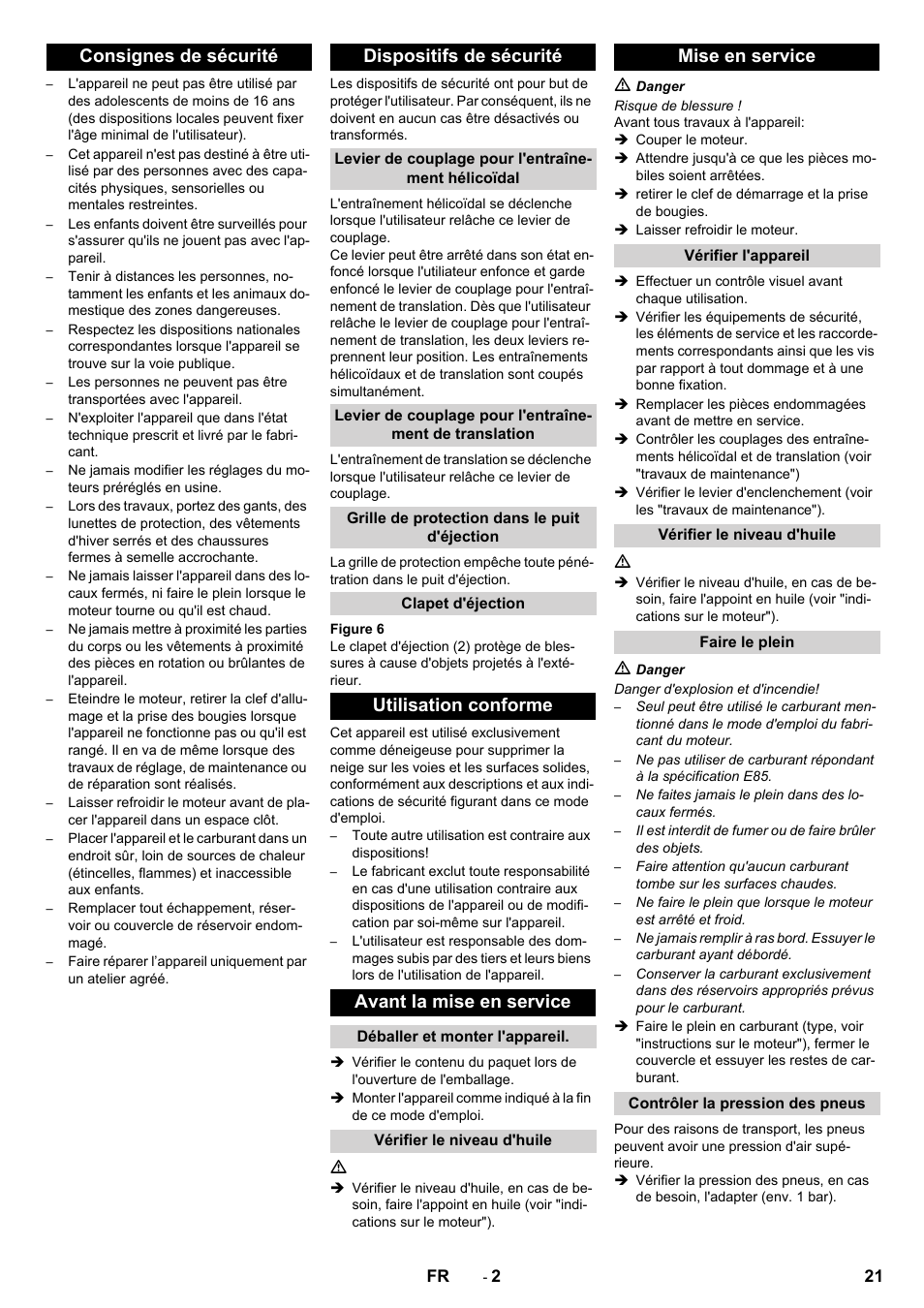 Consignes de sécurité dispositifs de sécurité, Utilisation conforme avant la mise en service, Mise en service | Karcher STH 10-76 W User Manual | Page 21 / 136