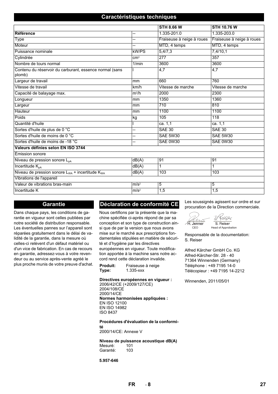 Caractéristiques techniques, Garantie déclaration de conformité ce | Karcher STH 10-76 W User Manual | Page 27 / 136