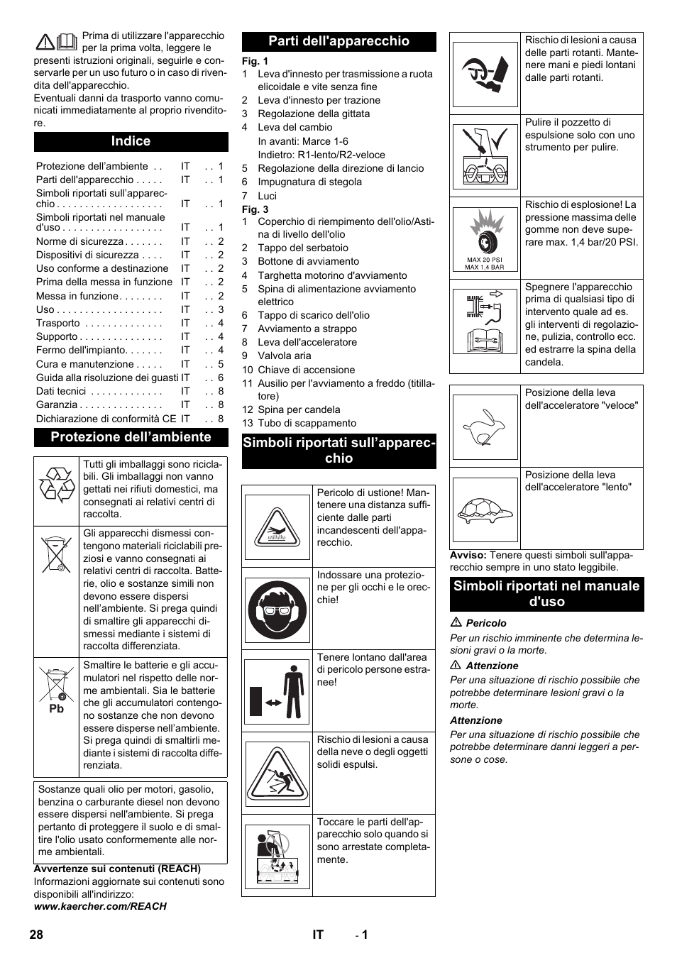 Italiano, Indice, Protezione dell’ambiente | Simboli riportati nel manuale d'uso | Karcher STH 10-76 W User Manual | Page 28 / 136