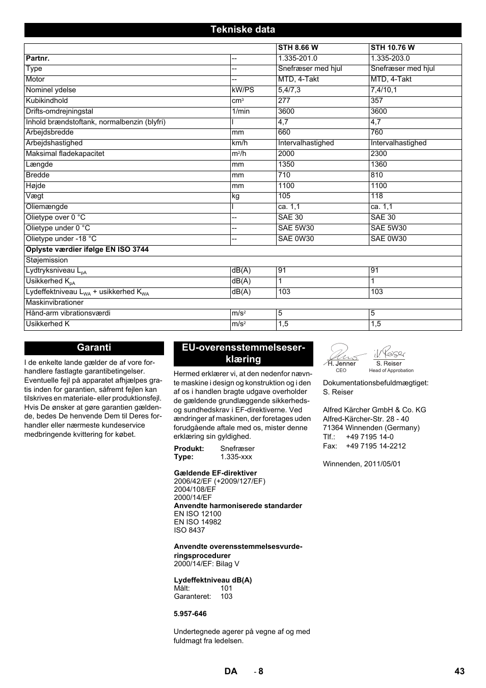 Tekniske data, Garanti eu-overensstemmelseser- klæring | Karcher STH 10-76 W User Manual | Page 43 / 136