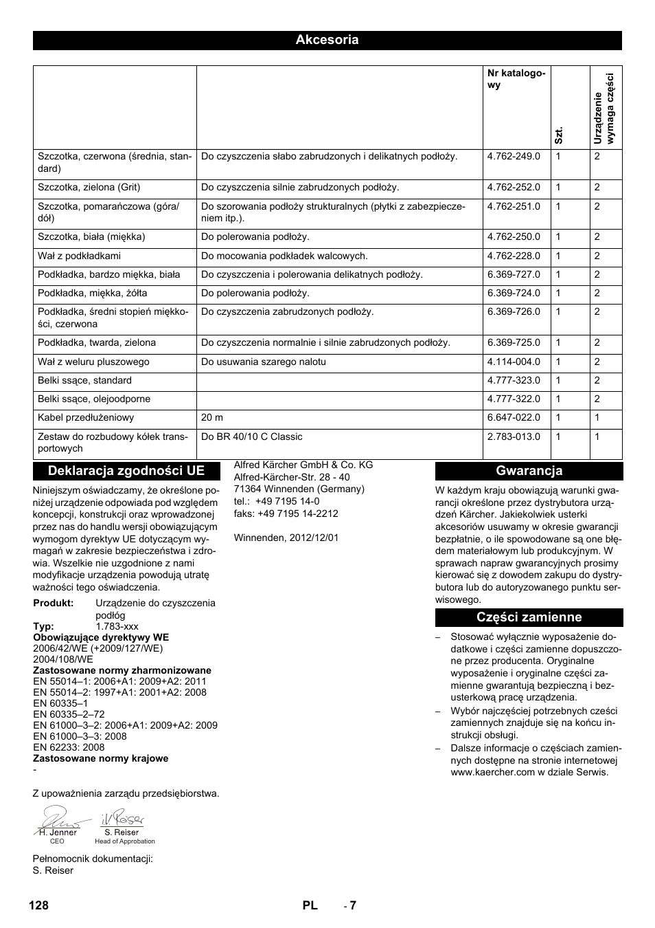 Akcesoria, Deklaracja zgodności ue, Gwarancja części zamienne | Karcher BR 40-10C ADV User Manual | Page 128 / 196