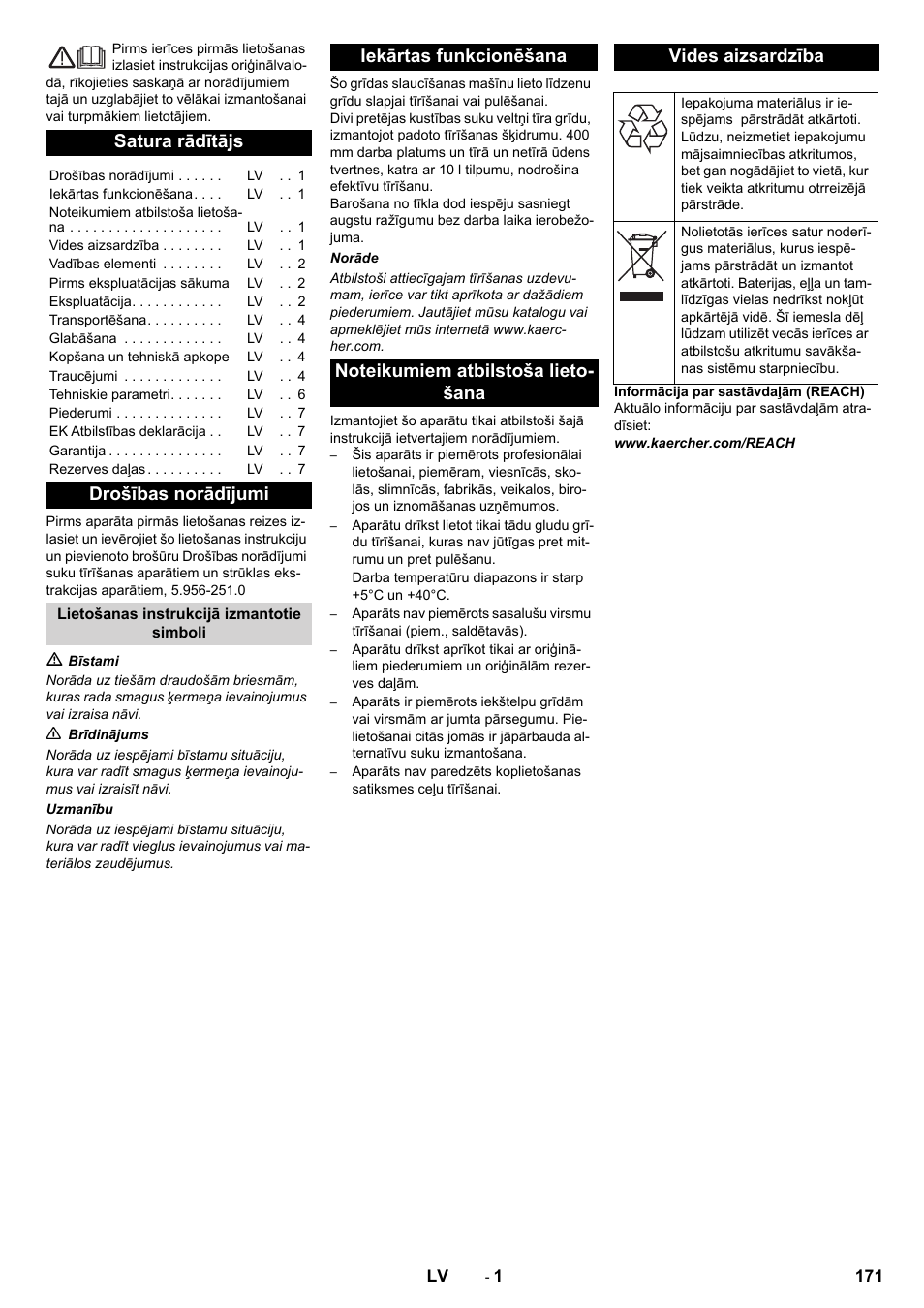 Latviešu, Satura rādītājs, Drošības norādījumi | Karcher BR 40-10C ADV User Manual | Page 171 / 196