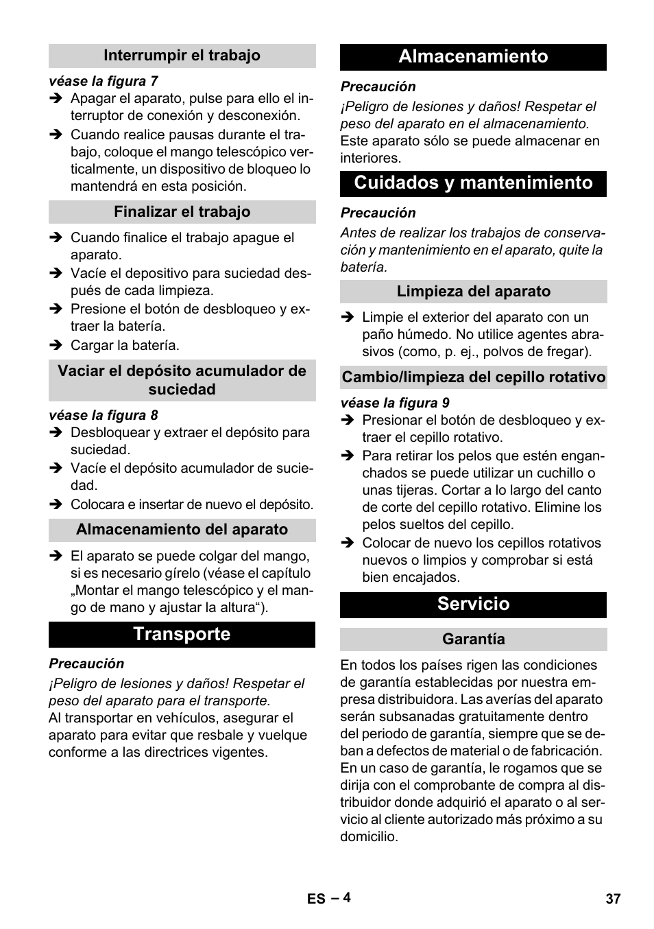 Transporte almacenamiento cuidados y mantenimiento, Servicio | Karcher EB 30-1 Li-Ion User Manual | Page 37 / 180