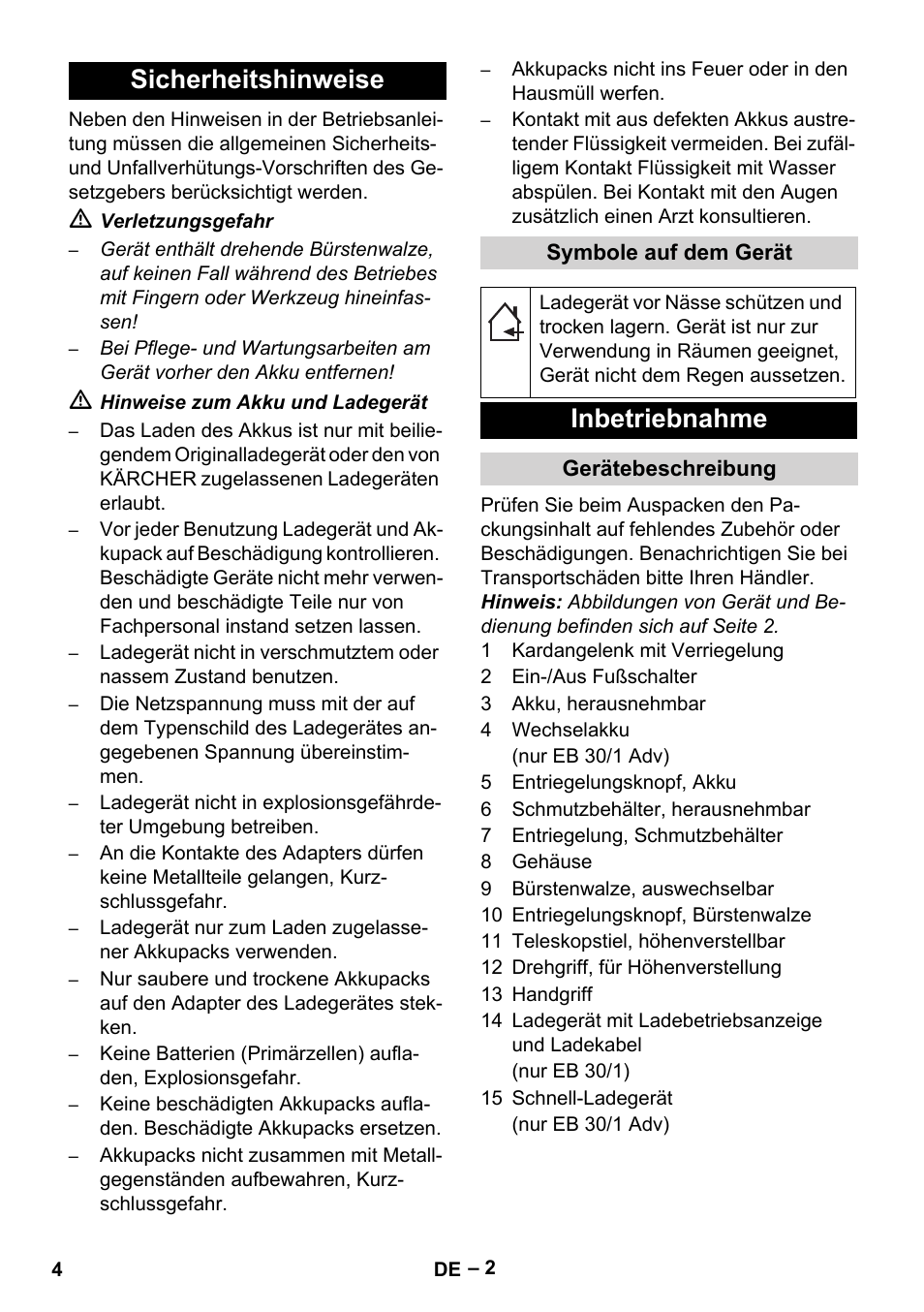 Sicherheitshinweise, Inbetriebnahme | Karcher EB 30-1 Li-Ion User Manual | Page 4 / 180