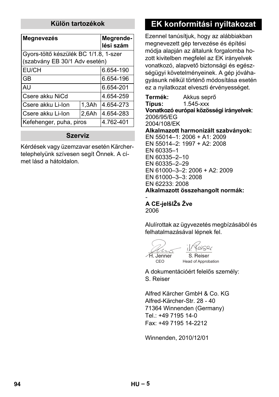 Ek konformitási nyiltakozat | Karcher EB 30-1 Li-Ion User Manual | Page 94 / 180