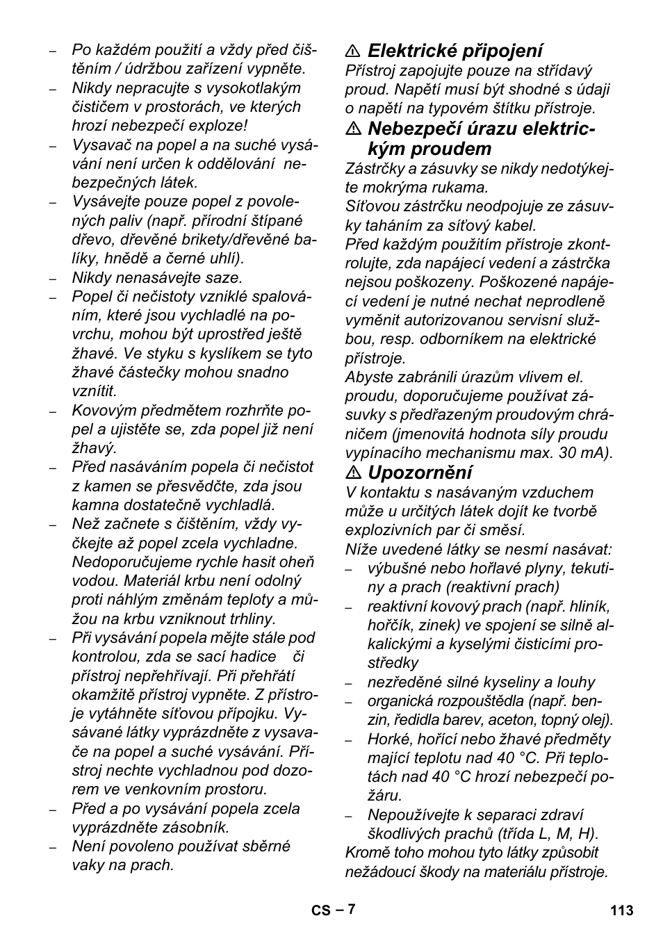 Elektrické připojení, Nebezpečí úrazu elektric- kým proudem, Upozornění | Karcher Aspiracenere AD 3-200 User Manual | Page 113 / 214