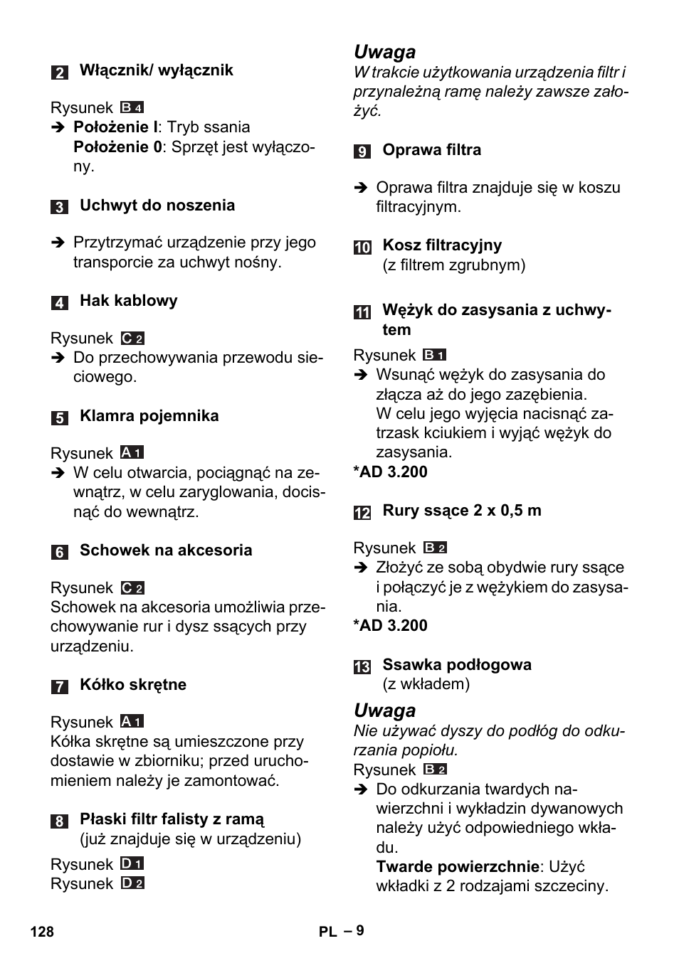 Uwaga | Karcher Aspiracenere AD 3-200 User Manual | Page 128 / 214