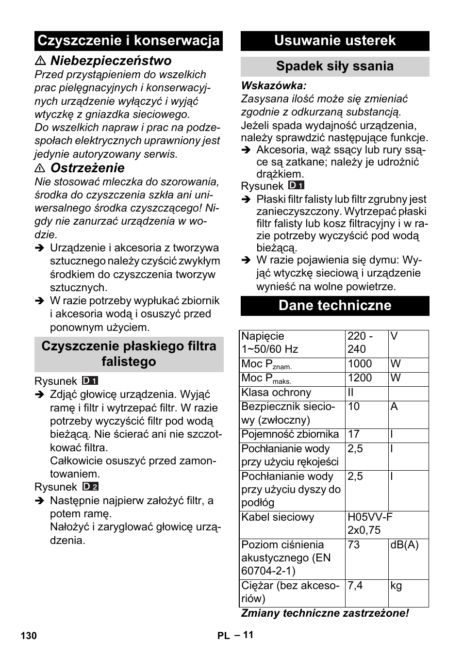 Czyszczenie i konserwacja, Czyszczenie płaskiego filtra falistego, Usuwanie usterek | Spadek siły ssania, Dane techniczne, Niebezpieczeństwo, Ostrzeżenie | Karcher Aspiracenere AD 3-200 User Manual | Page 130 / 214