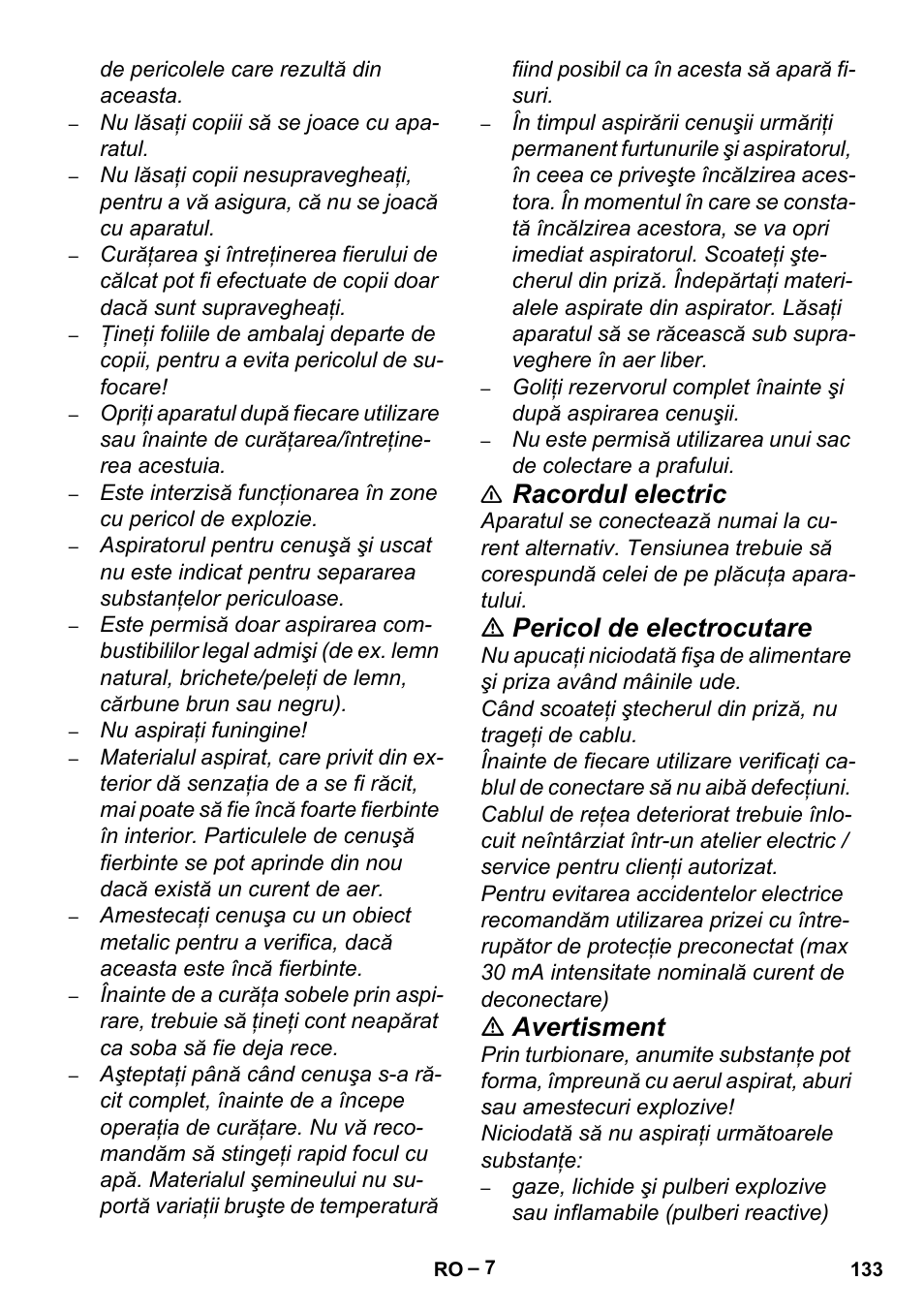 Racordul electric, Pericol de electrocutare, Avertisment | Karcher Aspiracenere AD 3-200 User Manual | Page 133 / 214