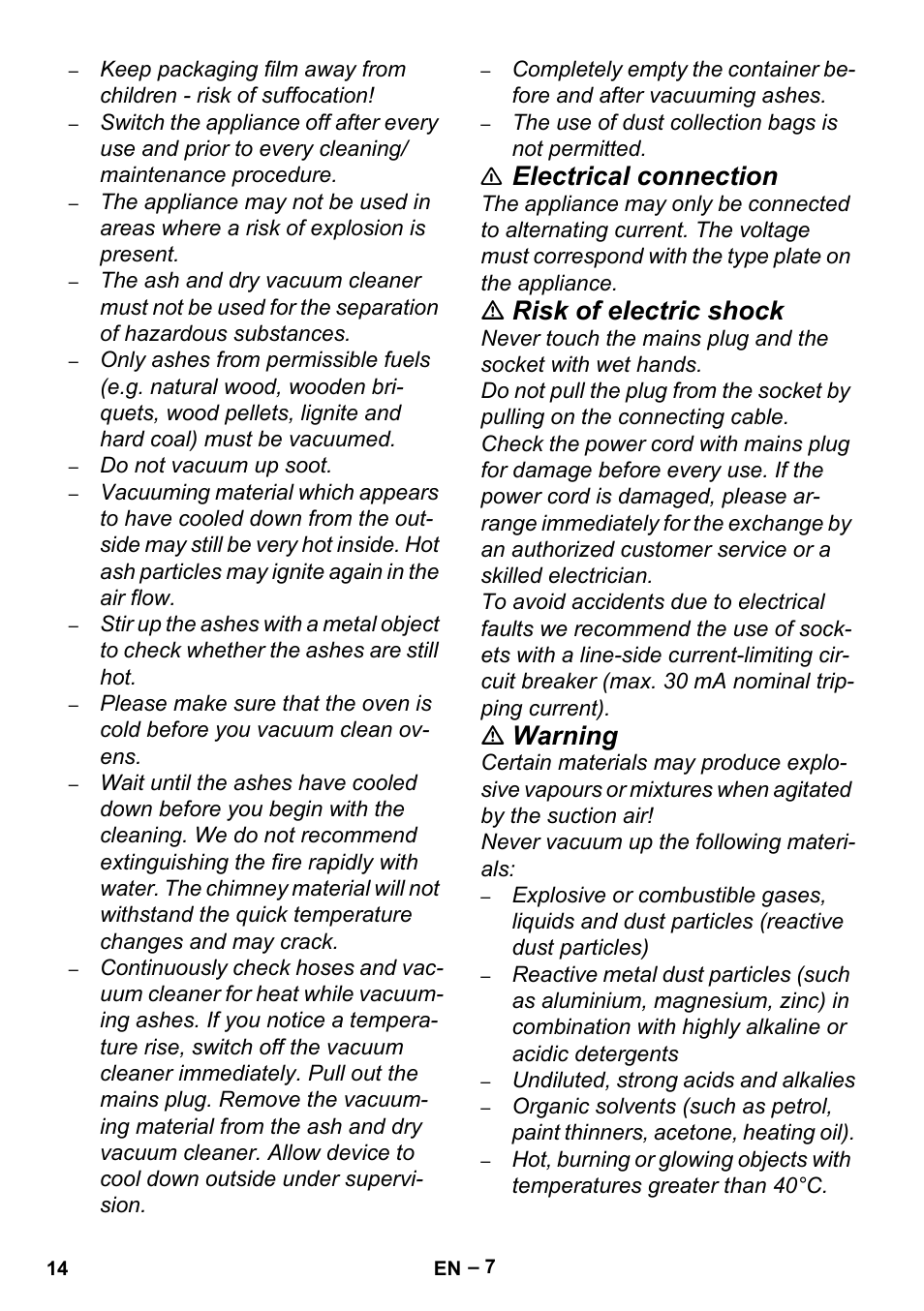 Electrical connection, Risk of electric shock, Warning | Karcher Aspiracenere AD 3-200 User Manual | Page 14 / 214