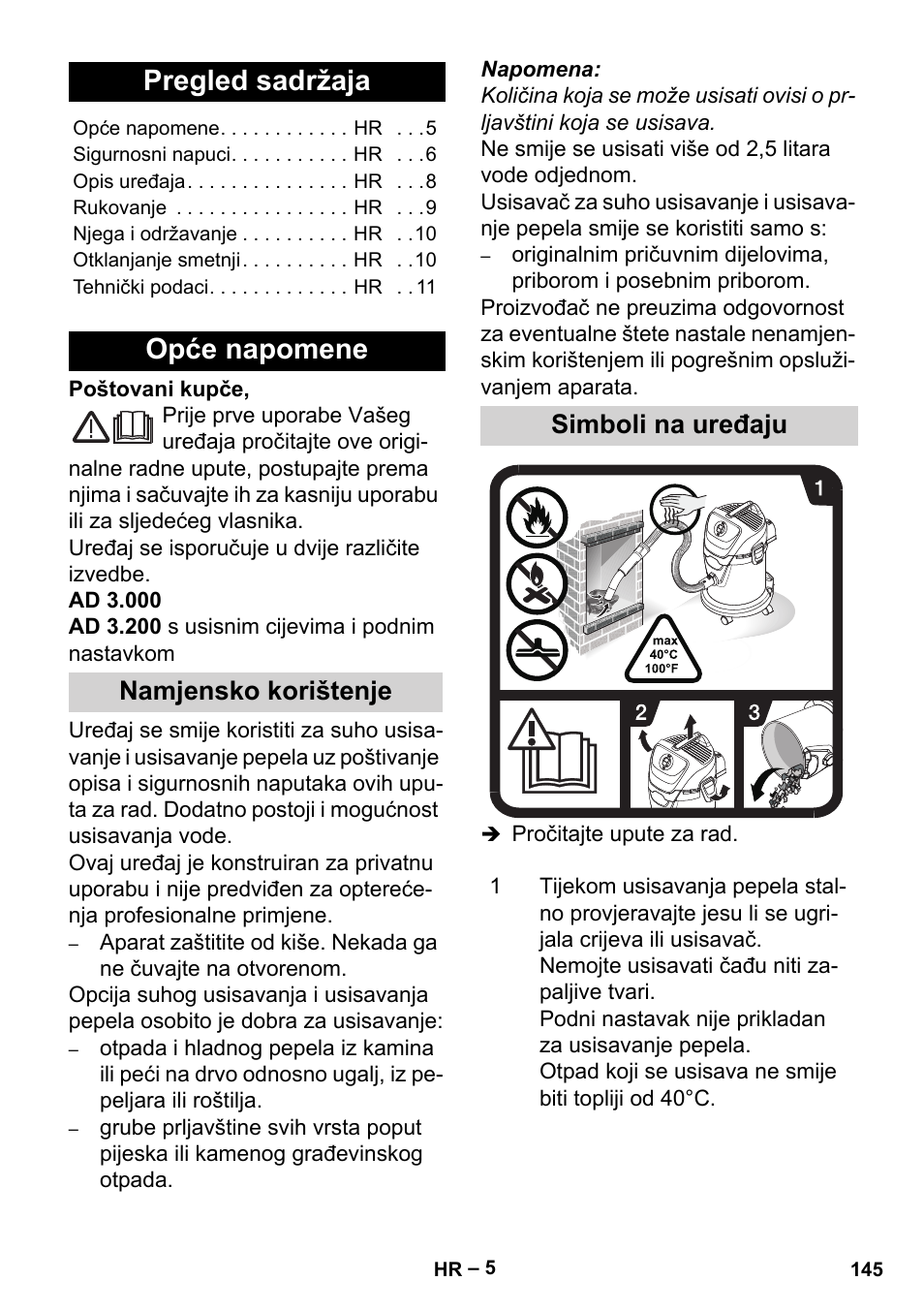 Hrvatski, Pregled sadržaja, Opće napomene | Namjensko korištenje, Simboli na uređaju, Namjensko korištenje simboli na uređaju | Karcher Aspiracenere AD 3-200 User Manual | Page 145 / 214