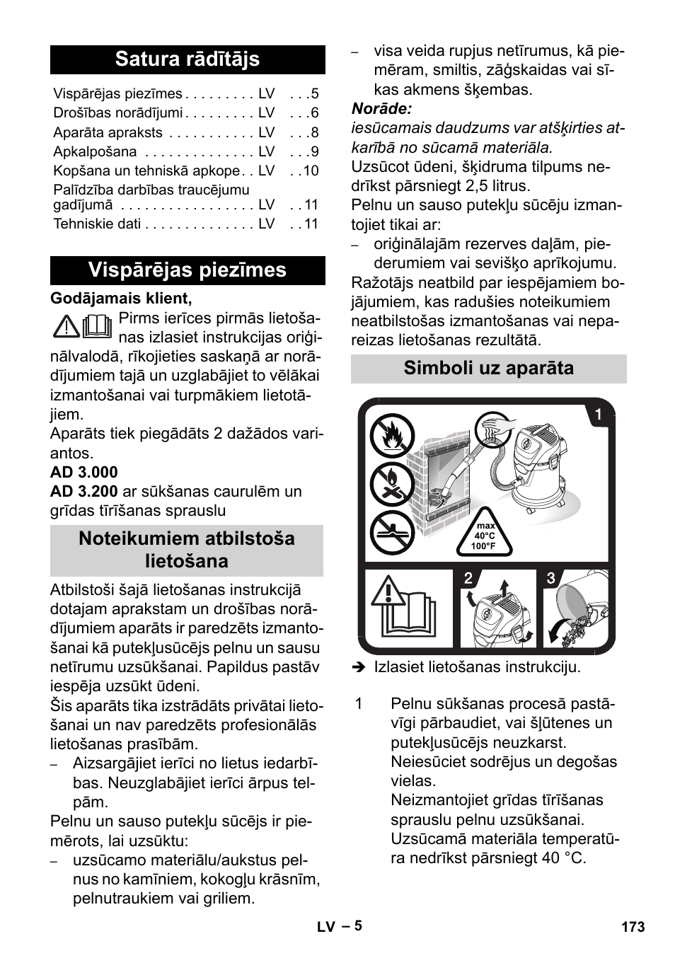 Latviešu, Satura rādītājs, Vispārējas piezīmes | Noteikumiem atbilstoša lietošana, Simboli uz aparāta | Karcher Aspiracenere AD 3-200 User Manual | Page 173 / 214