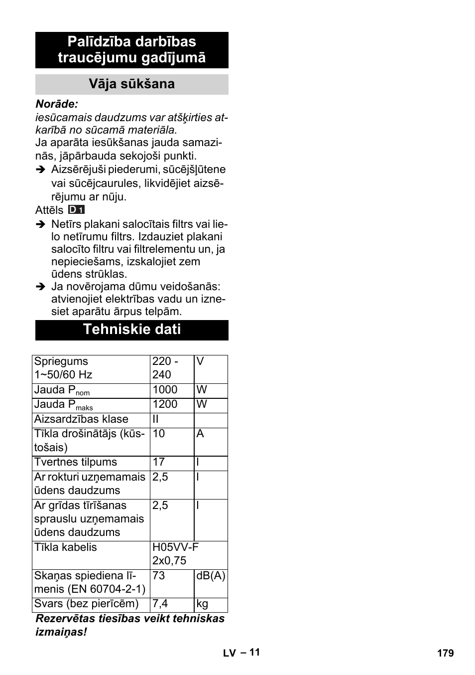 Palīdzība darbības traucējumu gadījumā, Vāja sūkšana, Tehniskie dati | Karcher Aspiracenere AD 3-200 User Manual | Page 179 / 214