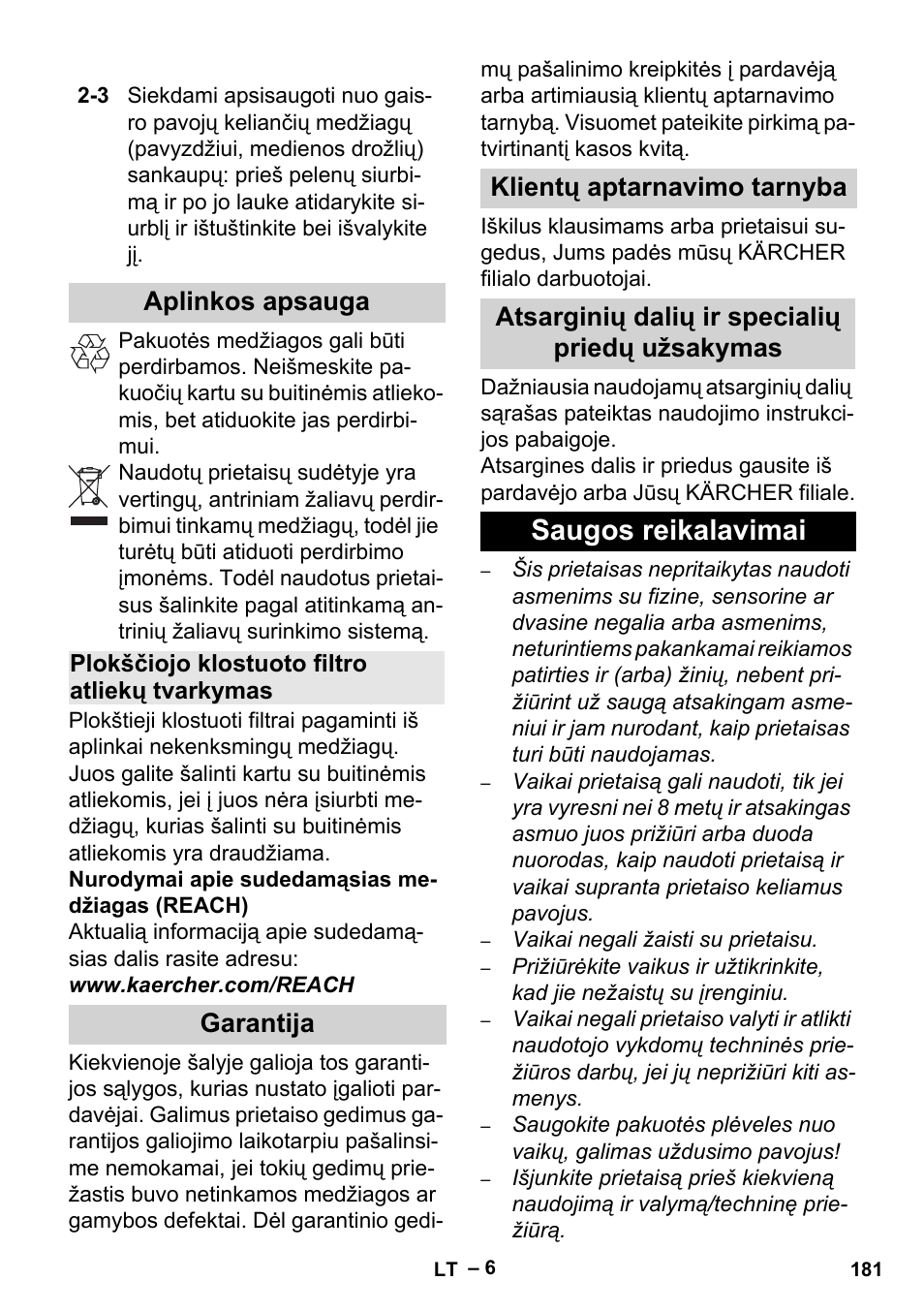 Aplinkos apsauga, Plokščiojo klostuoto filtro atliekų tvarkymas, Garantija | Klientų aptarnavimo tarnyba, Atsarginių dalių ir specialių priedų užsakymas, Saugos reikalavimai | Karcher Aspiracenere AD 3-200 User Manual | Page 181 / 214