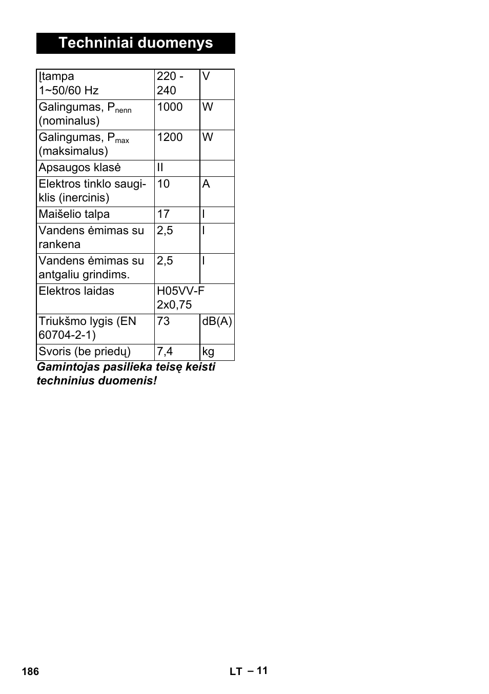 Techniniai duomenys | Karcher Aspiracenere AD 3-200 User Manual | Page 186 / 214