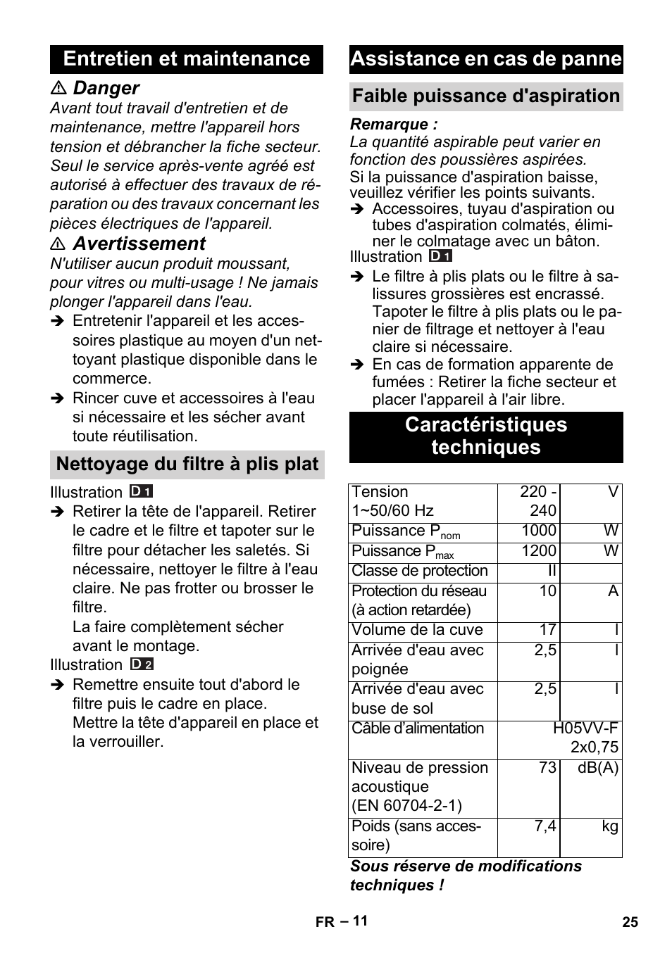 Entretien et maintenance, Nettoyage du filtre à plis plat, Assistance en cas de panne | Faible puissance d'aspiration, Caractéristiques techniques, Danger, Avertissement | Karcher Aspiracenere AD 3-200 User Manual | Page 25 / 214