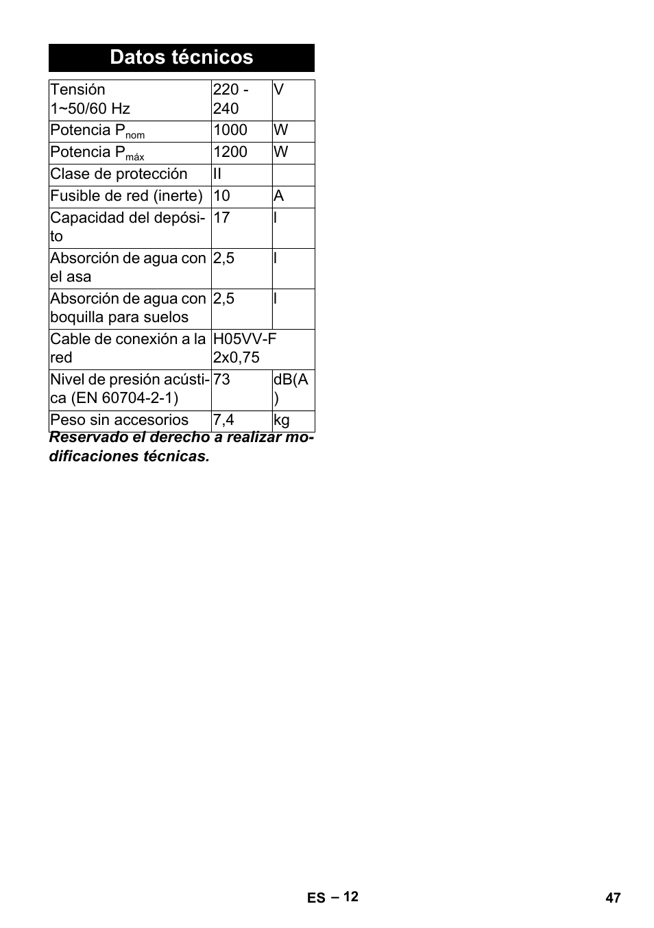 Datos técnicos | Karcher Aspiracenere AD 3-200 User Manual | Page 47 / 214