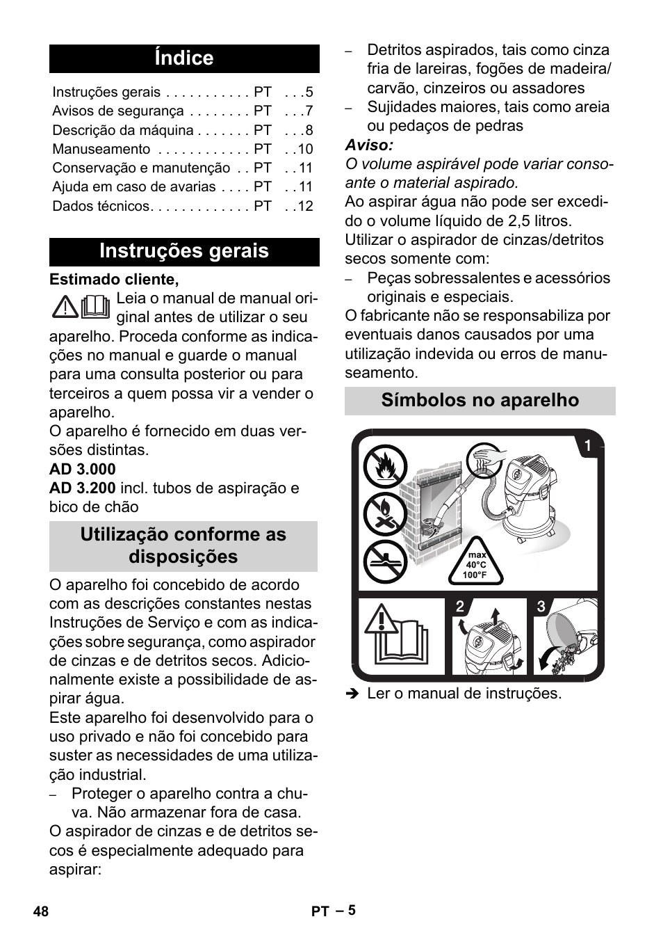 Português, Índice, Instruções gerais | Utilização conforme as disposições, Símbolos no aparelho | Karcher Aspiracenere AD 3-200 User Manual | Page 48 / 214