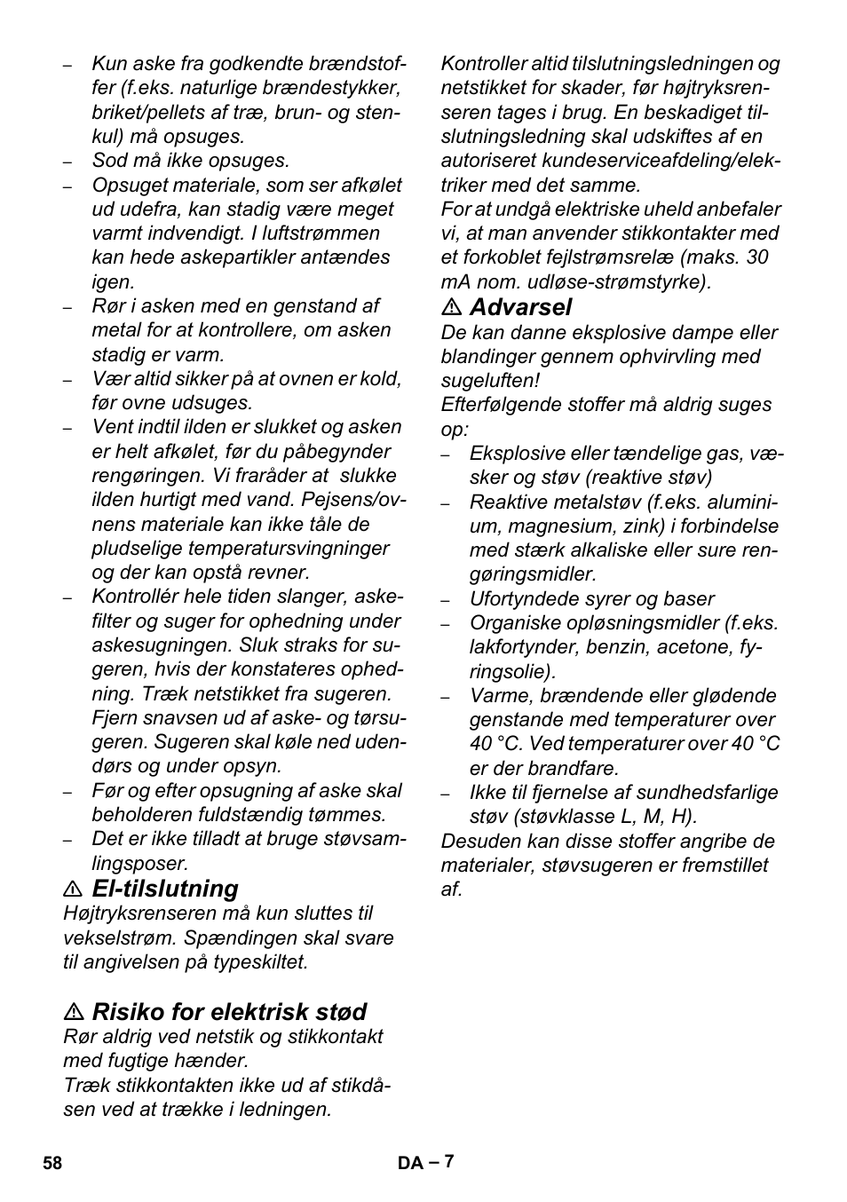 El-tilslutning, Risiko for elektrisk stød, Advarsel | Karcher Aspiracenere AD 3-200 User Manual | Page 58 / 214