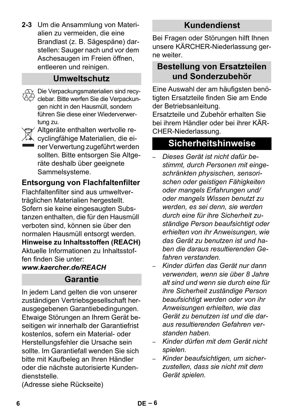 Umweltschutz, Entsorgung von flachfaltenfilter, Garantie | Kundendienst, Bestellung von ersatzteilen und sonderzubehör, Sicherheitshinweise | Karcher Aspiracenere AD 3-200 User Manual | Page 6 / 214