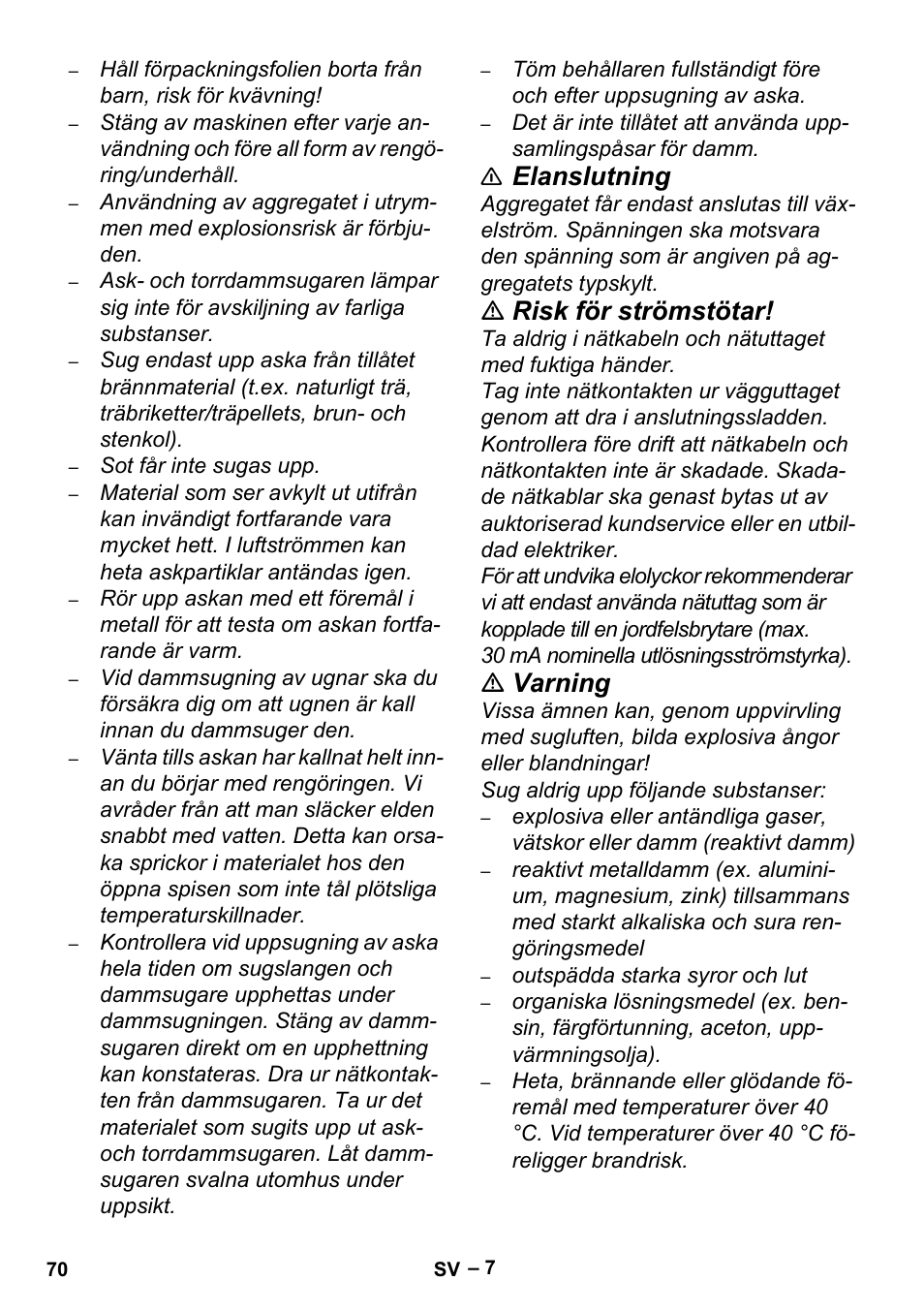 Elanslutning, Risk för strömstötar, Varning | Karcher Aspiracenere AD 3-200 User Manual | Page 70 / 214