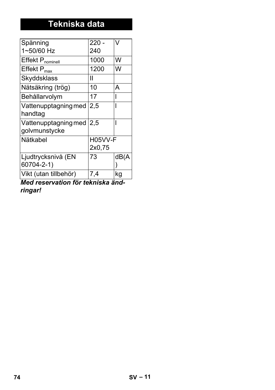 Tekniska data | Karcher Aspiracenere AD 3-200 User Manual | Page 74 / 214