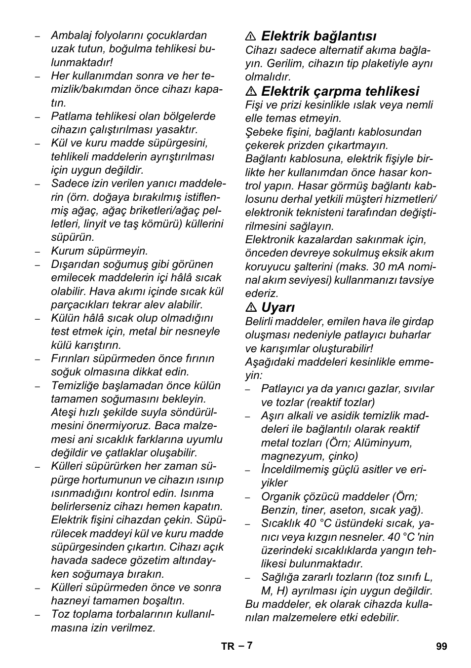 Elektrik bağlantısı, Elektrik çarpma tehlikesi, Uyarı | Karcher Aspiracenere AD 3-200 User Manual | Page 99 / 214