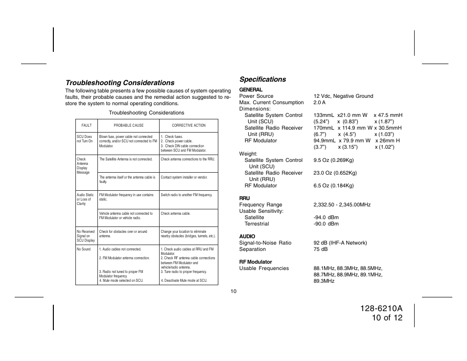 Specifications, Troubleshooting considerations | Audiovox 128-6210A User Manual | Page 10 / 12