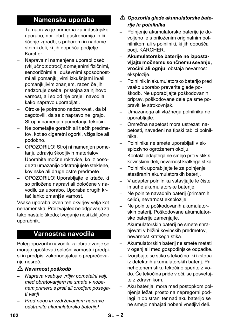 Namenska uporaba, Varnostna navodila, Namenska uporaba varnostna navodila | Karcher KM 35-5 C User Manual | Page 102 / 172