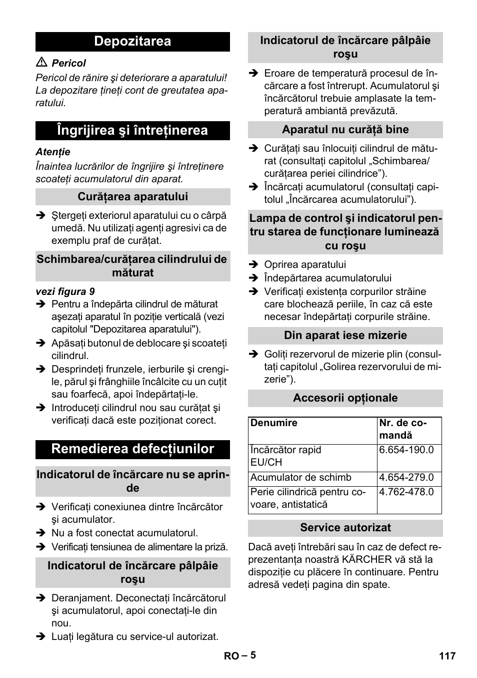 Depozitarea, Îngrijirea şi întreţinerea, Curăţarea aparatului | Schimbarea/curăţarea cilindrului de măturat, Remedierea defecţiunilor, Indicatorul de încărcare nu se aprinde, Indicatorul de încărcare pâlpâie roşu, Aparatul nu curăţă bine, Din aparat iese mizerie, Accesorii opţionale | Karcher KM 35-5 C User Manual | Page 117 / 172