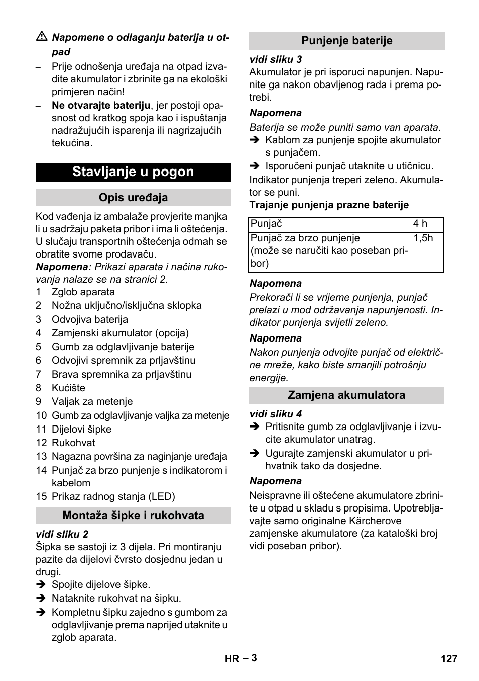 Stavljanje u pogon, Opis uređaja, Montaža šipke i rukohvata | Punjenje baterije, Zamjena akumulatora | Karcher KM 35-5 C User Manual | Page 127 / 172