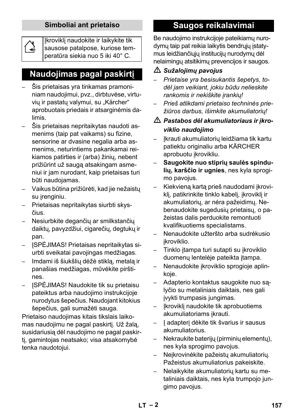 Simboliai ant prietaiso, Naudojimas pagal paskirtį, Saugos reikalavimai | Naudojimas pagal paskirtį saugos reikalavimai | Karcher KM 35-5 C User Manual | Page 157 / 172